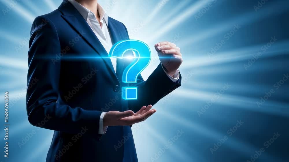 Poster woman showing glowing question mark symbol, representing frequently asked questions and problem solv