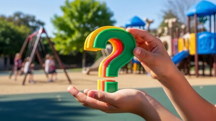 Child hand holding and rotating multicolor question mark toy showing concept of childhood, playtime, thinking, and learning at a park footage. - Powered by Adobe