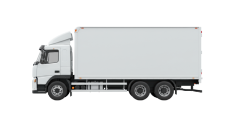 A transparent commercial delivery truck, generic standard model, boxy cargo area and distinct cab, perfectly clean and brand new, side profile view on a seamless transparent studio background with