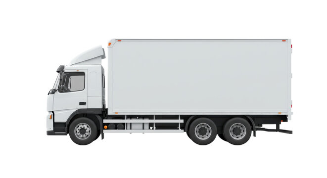 A transparent commercial delivery truck, generic standard model, boxy cargo area and distinct cab, perfectly clean and brand new, side profile view on a seamless transparent studio background with