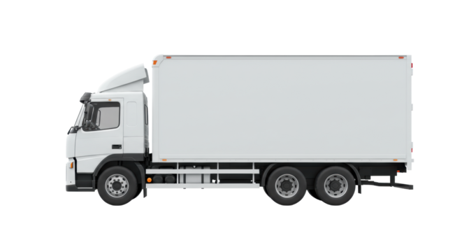 A transparent commercial delivery truck, generic standard model, boxy cargo area and distinct cab, perfectly clean and brand new, side profile view on a seamless transparent studio background with