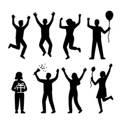 Black Silhouette Vector Set of Celebrating People,  Jumping, Dancing, Cheering, and Holding Balloons or Gifts , Ai , Eps, PNG, JPG
