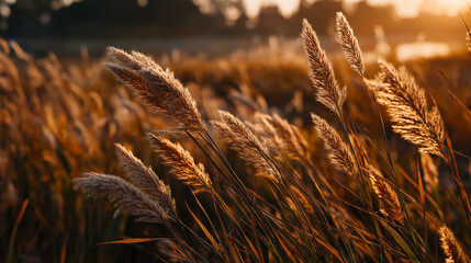 Golden plumes of tall feathery grass illuminated by the soft, warm light of the setting sun in a peaceful field