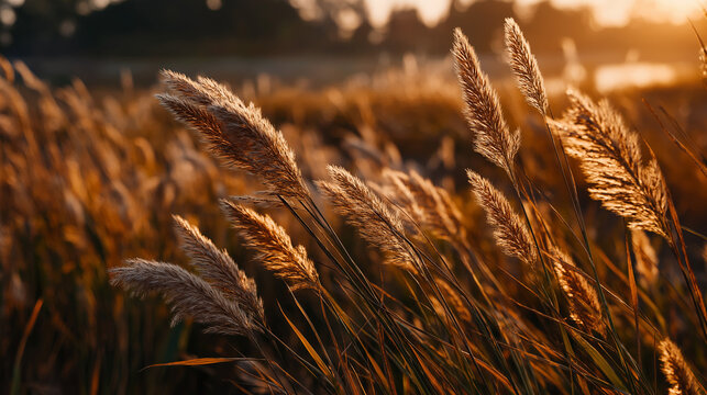 Golden plumes of tall feathery grass illuminated by the soft, warm light of the setting sun in a peaceful field