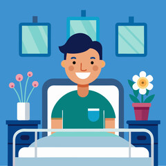 Obraz premium Young man sitting in hospital bed smiling with flowers around 