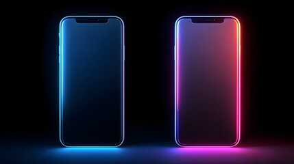 Two modern smartphones glowing with vibrant neon colors present sleek digital technology