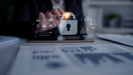 Cybersecurity protection system showing password encryption, fingerprint ID, cloud security, email,...
