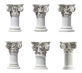 Six classical ionic columns arranged in two rows isolated on transparent background