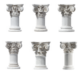 Six classical ionic columns arranged in two rows isolated on transparent background