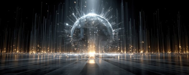 Abstract glowing digital globe with futuristic data lines in a dark space