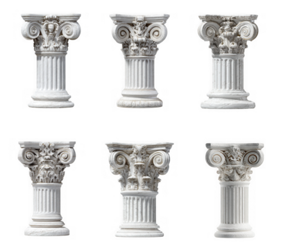 Six classical ionic columns arranged in two rows isolated on transparent background