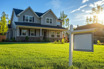 A blank yard sign stands in green grass front a white house on a sunny day. Mock up  home for sale sign
