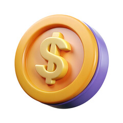 Obraz premium A golden dollar coin with purple edge symbolizes finance and investment isolated on transparent background transparent background