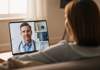 Female patient having online video call with male doctor on laptop at home
