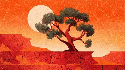 Gardinen Desert landscape with lone tree and sun © Mursid