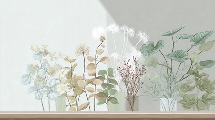 botanical line art illustration of different leafy plants arranged on a shelf, subtle textures, natural light ambiance