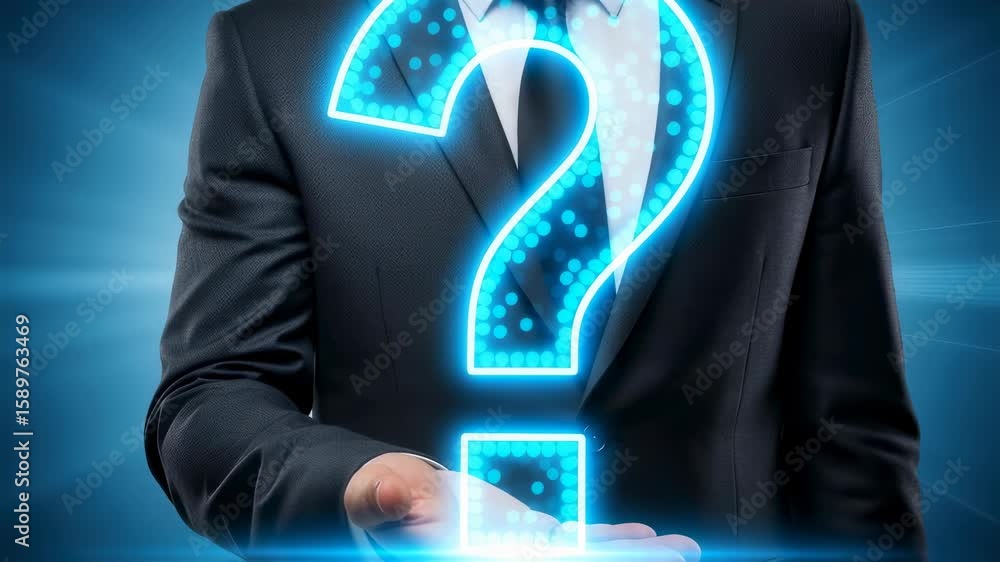 Poster businessman holding glowing question mark changing with light dots and lines. abstract problem solut