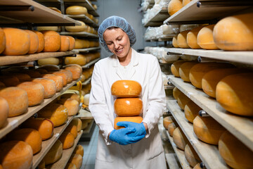 Female factory worker carrying cheese wheels for ripening process.
