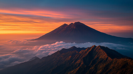 Spectacular sunrise over a majestic volcano peak rising above a sea of clouds in a breathtaking mountain landscape