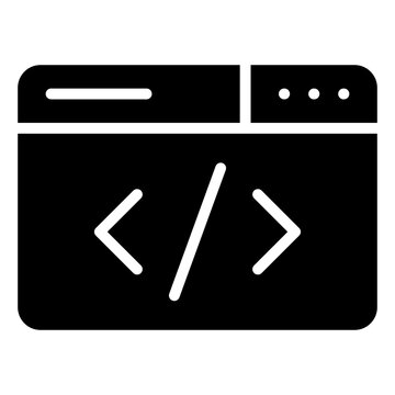 Code Editor Glyph Black Silhouette Icon Vector Design - Browser window with coding symbols, representing source code editing or programming