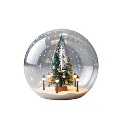 Festive Miniature Scene Snow Globe With Christmas Tree And Streetlights isolated on a transparent background