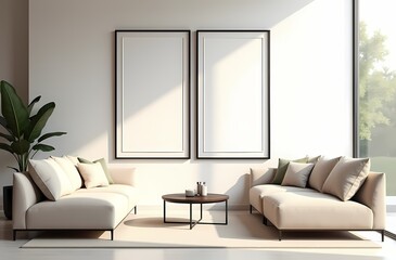 Frame mockup,  Living room wall poster mockup. Interior mockup with house background. Modern interior design. 3D render 