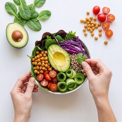 Healthy vegan buddha bowl with avocado, chickpeas, quinoa, and fresh vegetables
