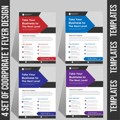FOUR MODERN Corporate Business A4 Flyers TEMPLATES, with DIFFERENT COLOR COOLECTION AND creative editable geometric vector design templates, Informative modern layouts for promotional AND purpose	
