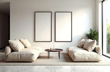 Frame mockup,  Living room wall poster mockup. Interior mockup with house background. Modern interior design. 3D render 