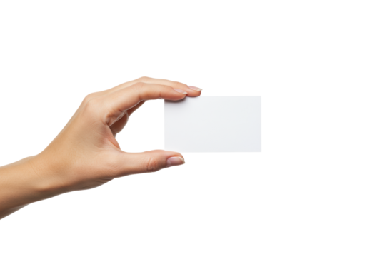 A well-manicured young caucasian woman's hand with light polish holding a blank white business card, extended forward against a clean, seamless transparent background with ample copy space, concept of - Powered by Adobe