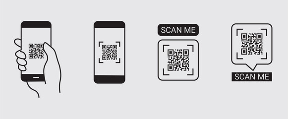 
Mobile Phone Scanning QR Code – Hand Holding Smartphone with QR Code Icon – Vector Illustration of Digital Scan Technology
