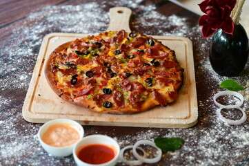 Beef Pizza. Classic Italian Beef Pizza with Olive Oil Drizzle and Basil Garnish