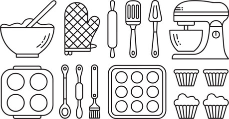 Baking Utensils Line Art Vector Set Featuring Mixing Bowl, Oven Mitt, Rolling Pin, Spatula, Mixer, and Muffin Tin