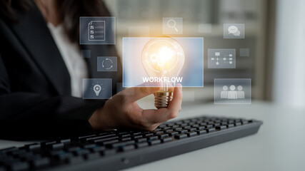 Workflow optimization concept featuring interconnected gears, task management, collaboration,...