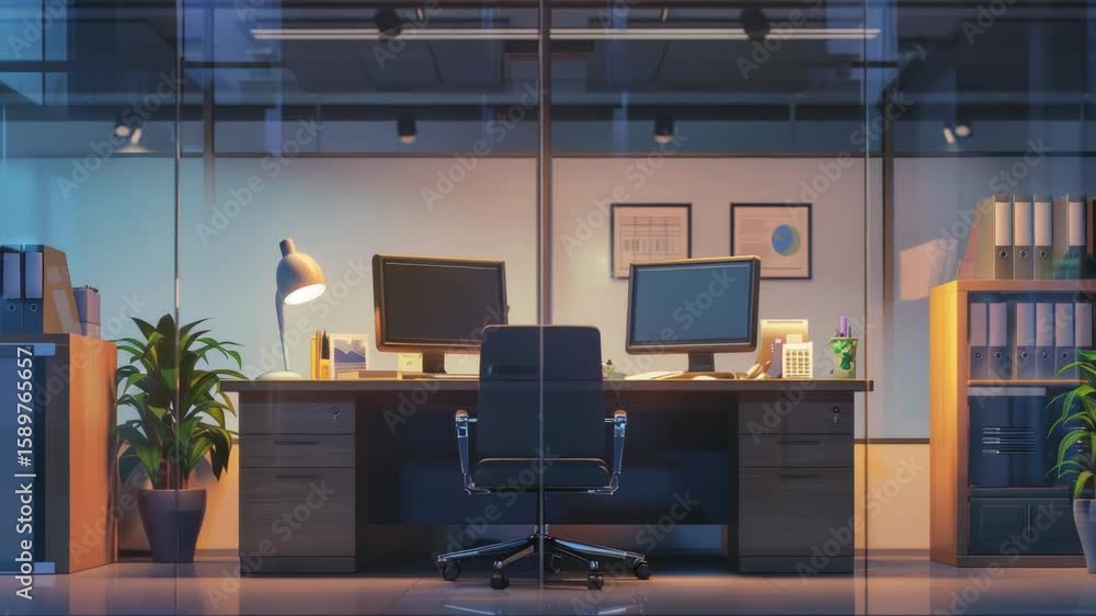 Poster a typical office setup with a desk and computer monitor