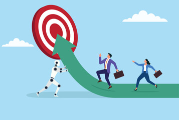 Vector illustration of a business team climbing a rising green arrow toward a target, with a robot pushing it up, symbolizing collaboration, growth, innovation, and AI support
