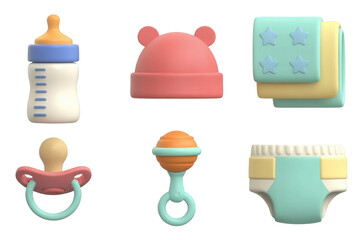 Colorful baby essentials set with bottle, pacifier, hat and diaper for nursery and play area