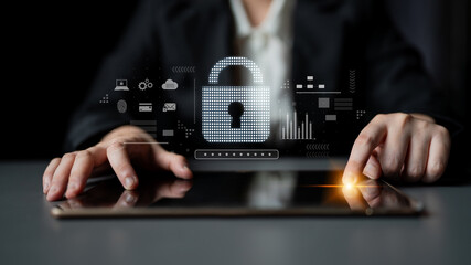 Cybersecurity protection system showing password encryption, fingerprint ID, cloud security, email,...
