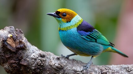 Golden hooded tanager bird perched on branch colorful plumage nature photography avian wildlife photo
