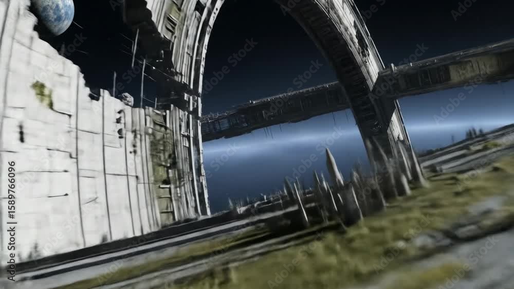 Poster futuristic space station orbiting planet - a colossal, partially destroyed space station orbits a vi