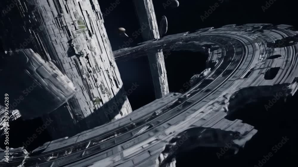 Poster space station debris field orbiting planet - a damaged, futuristic space station orbits a small plan