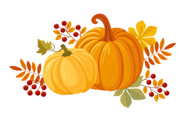 Colorful autumn pumpkins, berries and forest leaves clipart. Seasonal harvest design for greeting or poster.