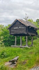 Ancient wooden storehouse on stilts surrounded by green grass and trees under a cloudy sky