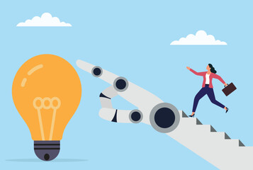 Vector illustration of a businesswoman running toward a light bulb, followed by a robotic hand, symbolizing innovation, AI support, creativity, and the future of business ideas
