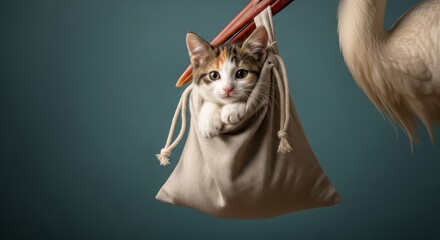 A White stork carries a newborn baby kitten in a cloth bundle, symbolizing the classic folklore of storks delivering babies.