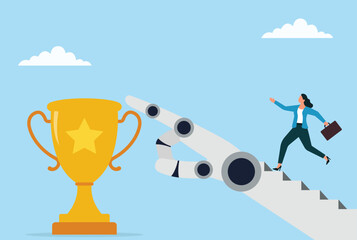Vector illustration of a businesswoman running toward a golden trophy, followed by a robotic hand, symbolizing ambition, AI support, achievement, and technology driven success
