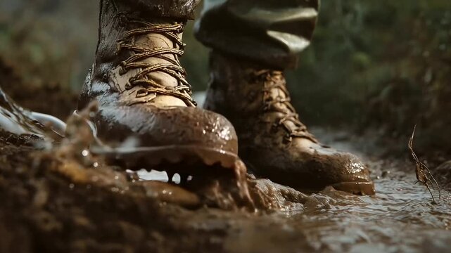 Close-up of Dirty Boots Stepping into Wet Soil