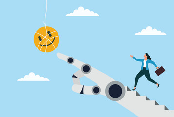 Vector illustration of a businesswoman running toward a smiley icon, followed by a robotic hand, symbolizing customer happiness, AI support, positive engagement, and technology driven success
