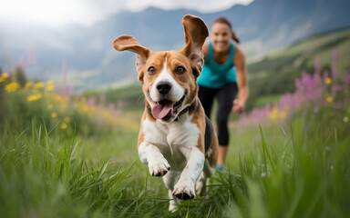 Joyful beagle runs through a meadow with its owner on a sunny day