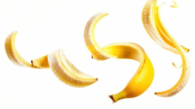 bananas breaking down into individual pieces on a surface, with some still intact and others in various stages of decay
